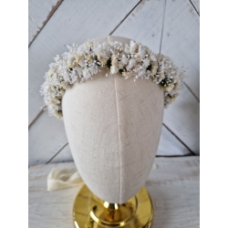Wianek komunijny na głowę ze stabilizowanej drobnej gipsówki, statycji i glixii. Wieczny wianek