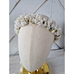 Wianek komunijny na głowę ze stabilizowanej drobnej gipsówki, statycji i glixii. Wieczny wianek